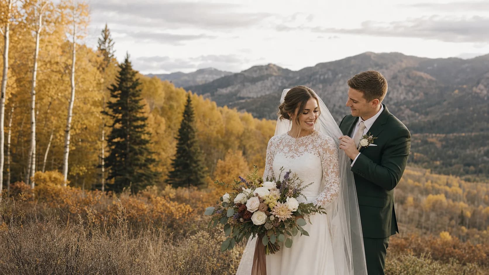 Modest bride and groom in a fall Utah alpine wedding setting