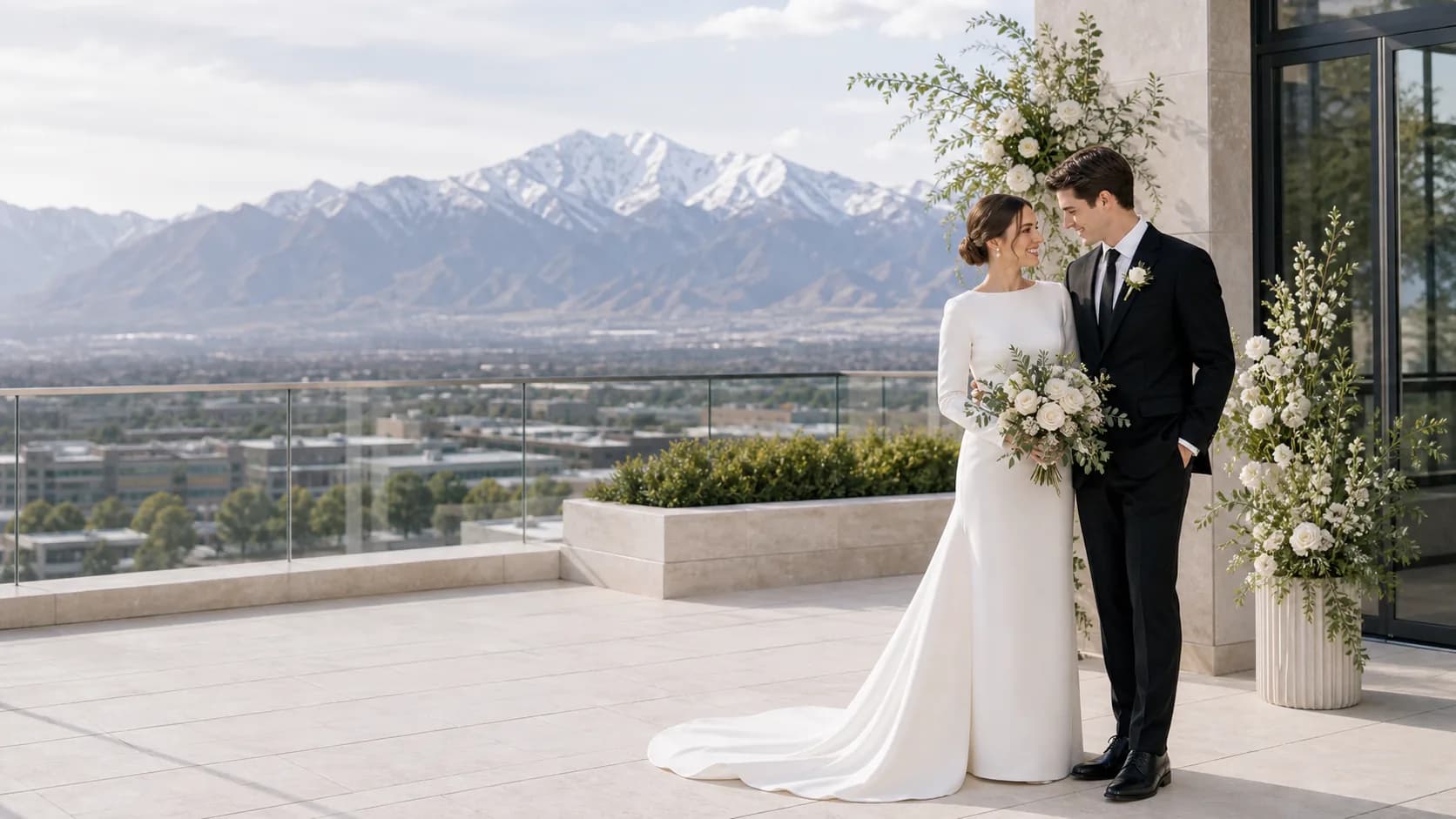 Modest bride and groom at a modern Utah wedding venue with Wasatch mountain views