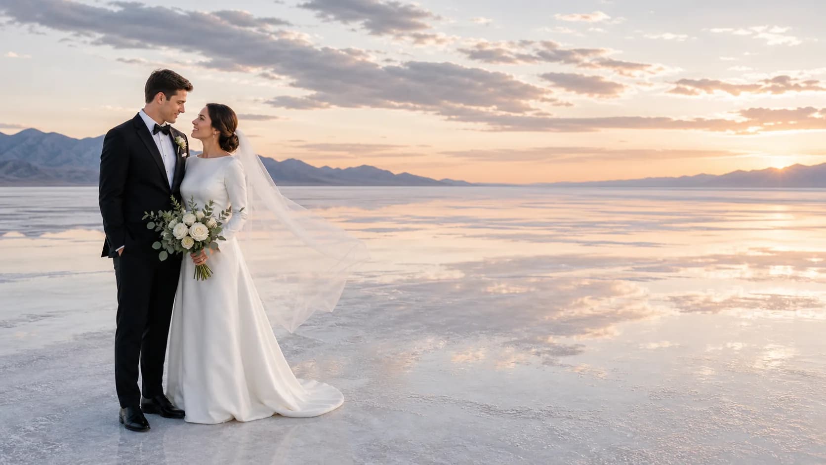 Modest bride and groom standing together on the Bonneville Salt Flats at sunset