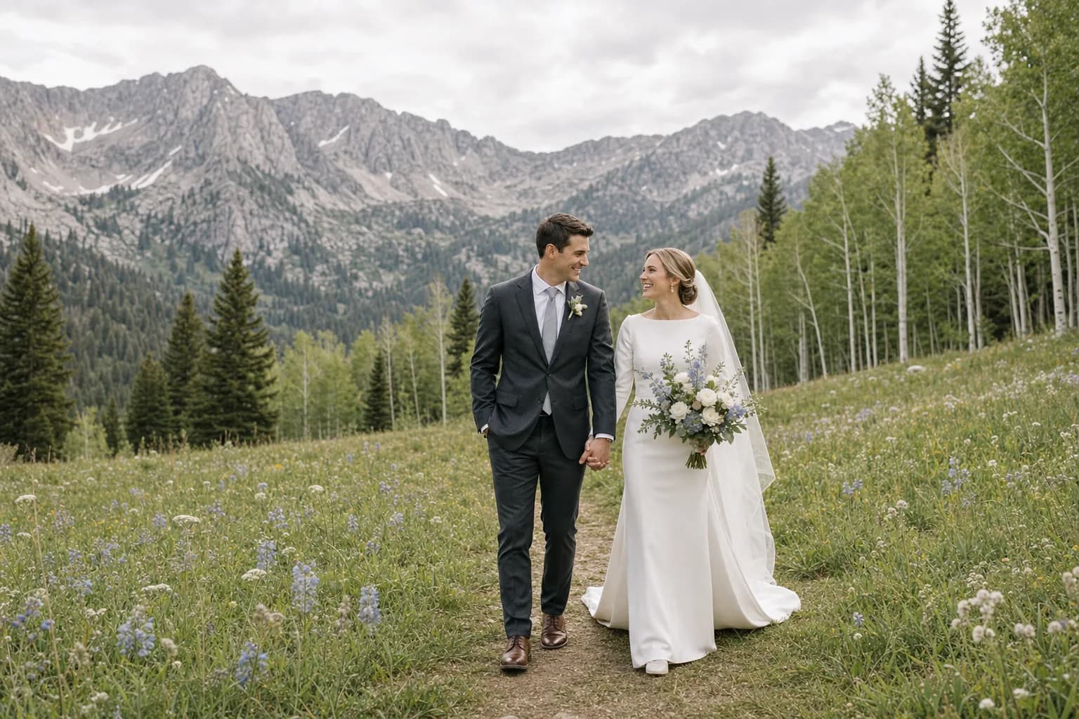 Modest bride and groom walking together in the Utah Wasatch mountains