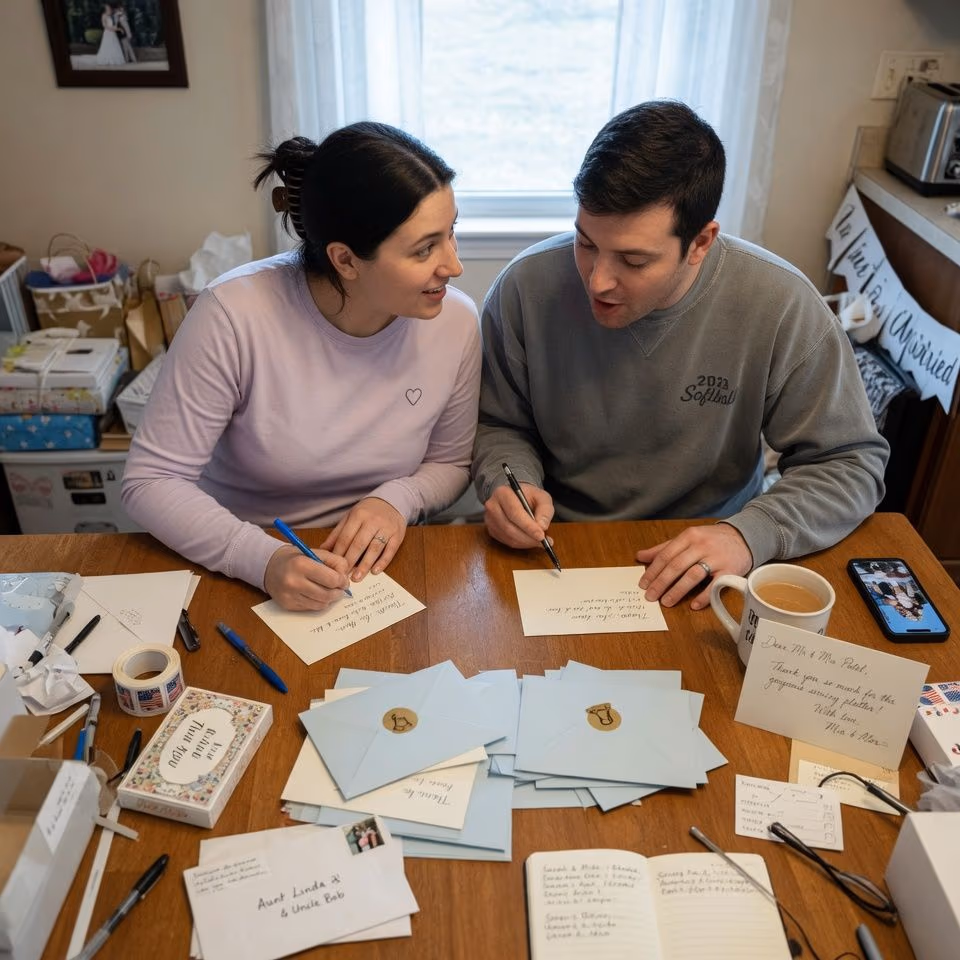 Couple sitting together and handwriting wedding thank-you cards at a table