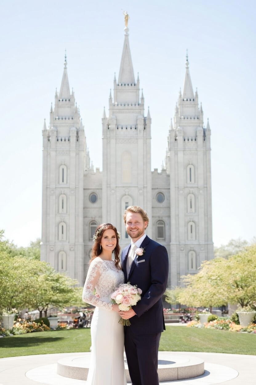 Bride and groom standing in front of the Salt Lake Temple